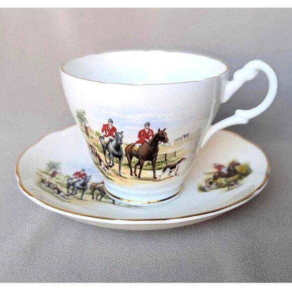 Vintage ROYAL STUART Fine Bone China Cup Saucer Equestrian HORSES and HOUNDS - Picture 2 of 6